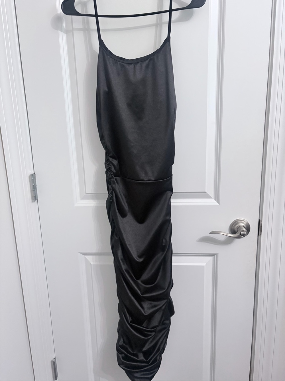 Black Satin Ruched Midi Slip Dress with Spaghetti Straps